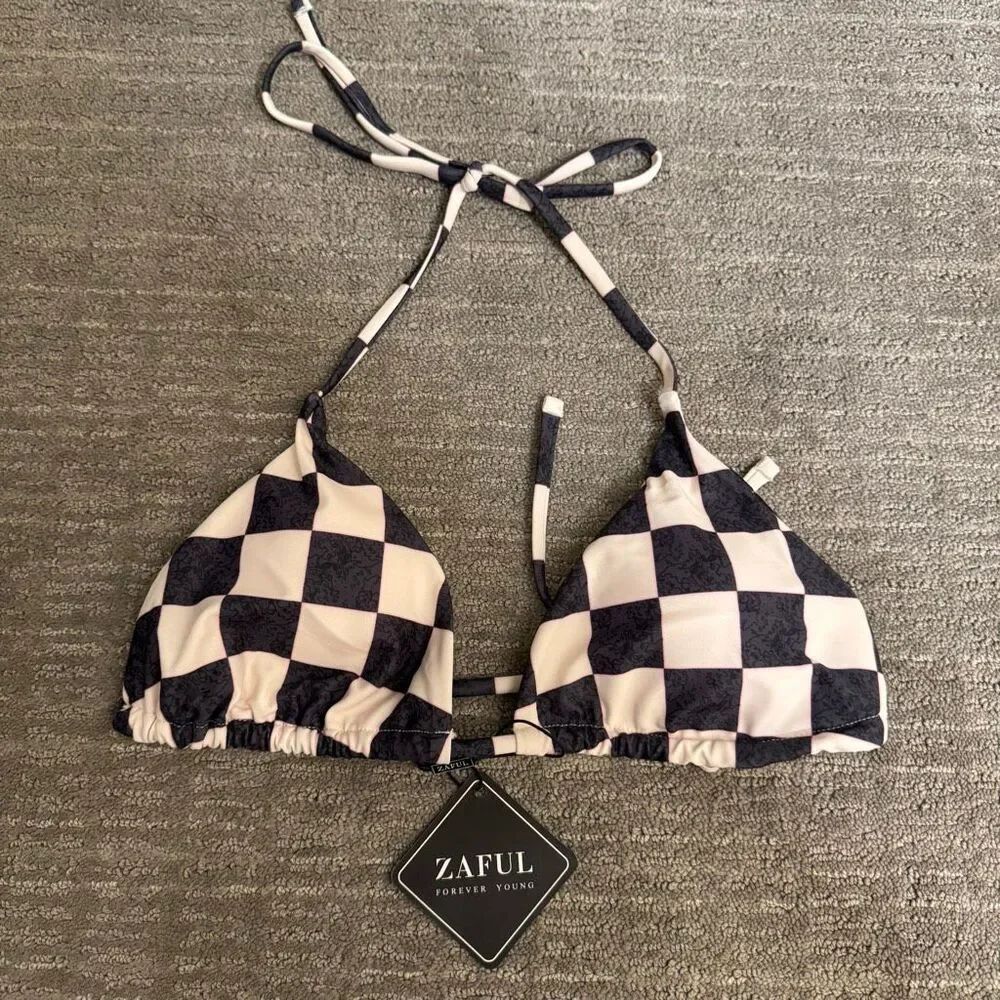 Zaful Checkered Halter Tie Triangle Swim Bikini Top Medium NWT
